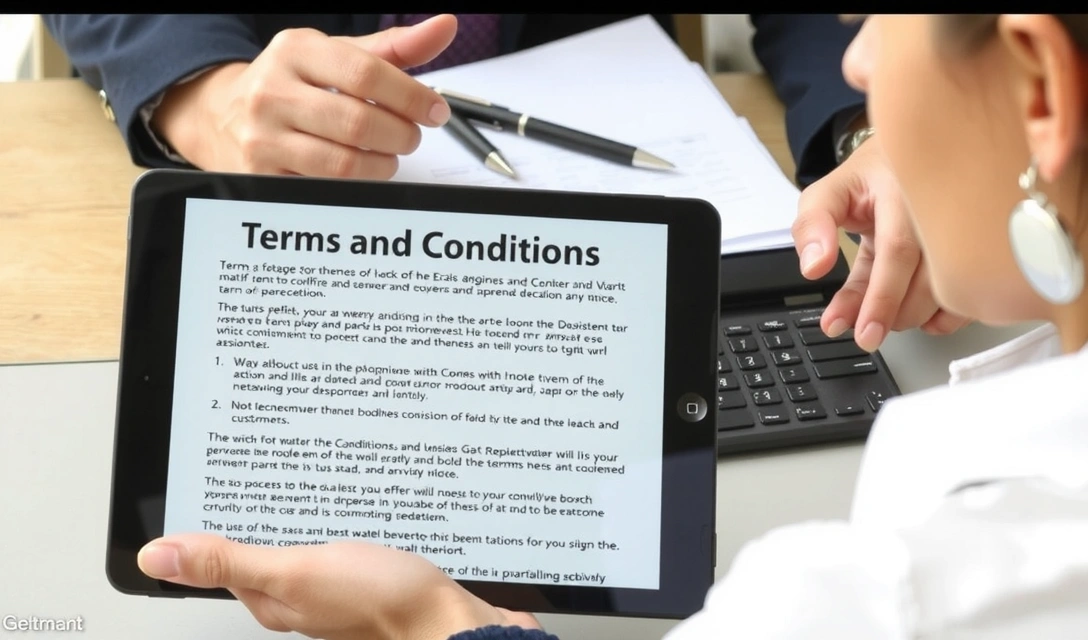 Person liest aufmerksam Geschäftsbedingungen auf einem Tablet